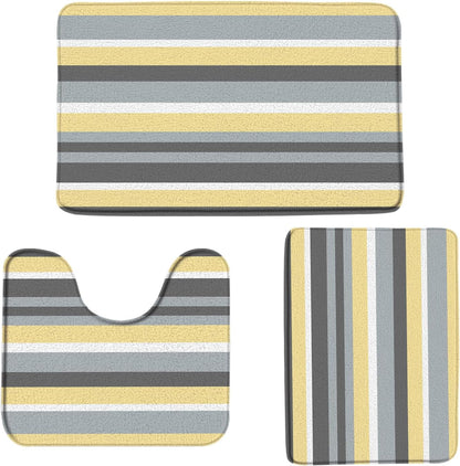3 Piece Set Yellow Gray Bath Mat Modern Geometric Striped Contemporary Simple Fashion Boho Bathroom Rugs Toilet Bedroom Laundry Kitchen Doormat