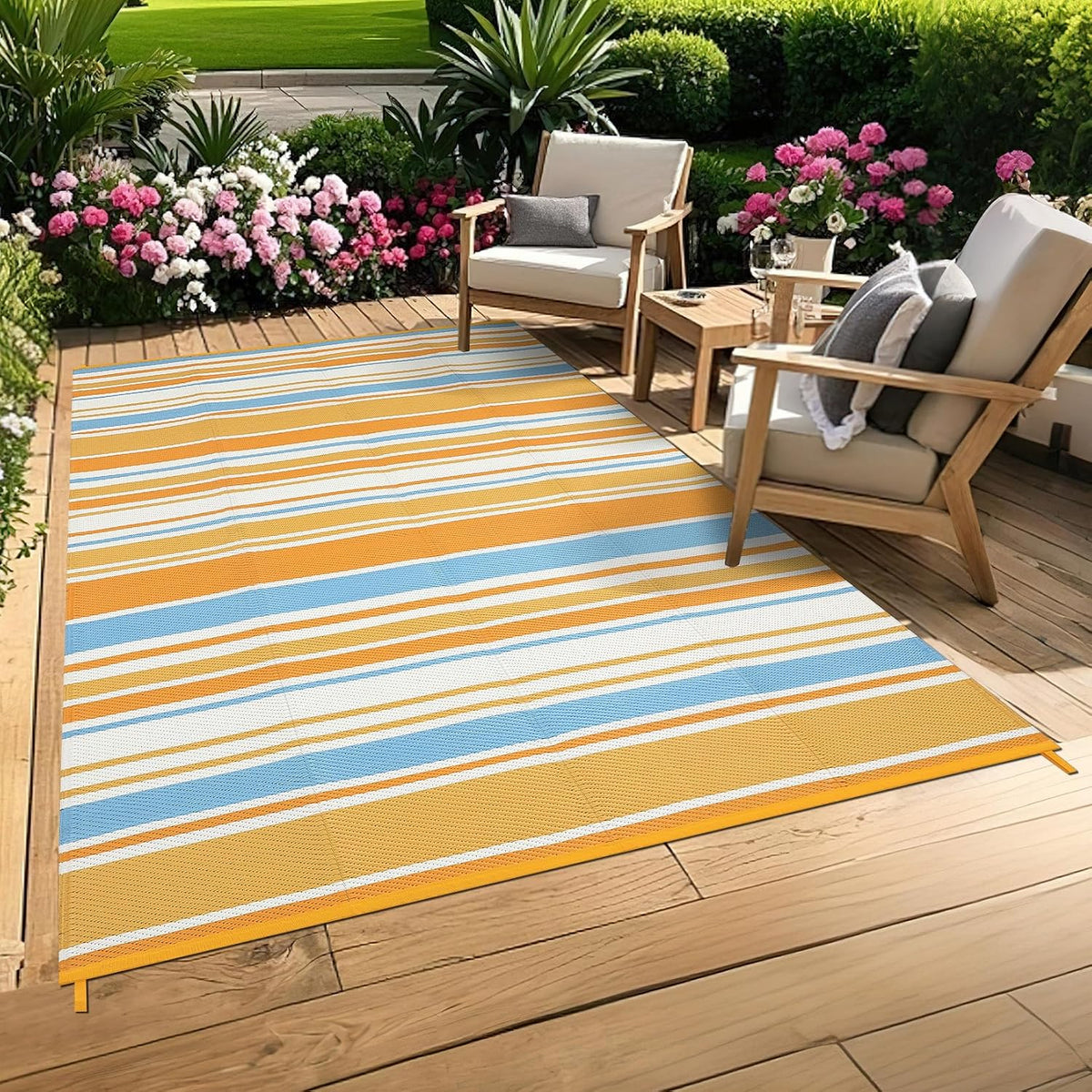 8x10 Large Outdoor Rug Waterproof for Patio Plastic Straw Rug Geometric Stripe Indoor Outdoor Area Rug Modern Lines Camping Rugs for RV Porch Deck Backyard Balcony, Orange Yellow Blue White