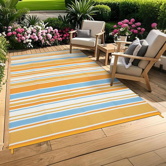 8x10 Large Outdoor Rug Waterproof for Patio Plastic Straw Rug Geometric Stripe Indoor Outdoor Area Rug Modern Lines Camping Rugs for RV Porch Deck Backyard Balcony, Orange Yellow Blue White