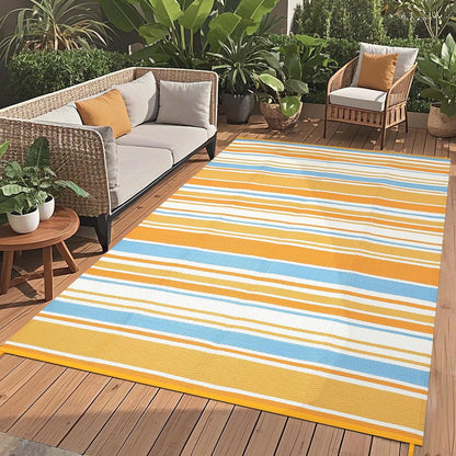 8x10 Large Outdoor Rug Waterproof for Patio Plastic Straw Rug Geometric Stripe Indoor Outdoor Area Rug Modern Lines Camping Rugs for RV Porch Deck Backyard Balcony, Orange Yellow Blue White