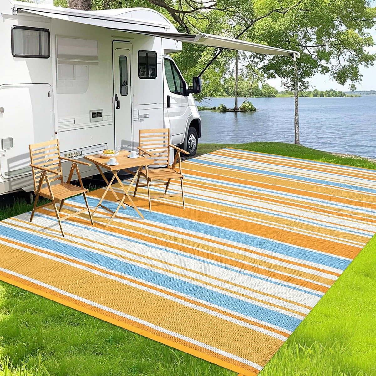 8x10 Large Outdoor Rug Waterproof for Patio Plastic Straw Rug Geometric Stripe Indoor Outdoor Area Rug Modern Lines Camping Rugs for RV Porch Deck Backyard Balcony, Orange Yellow Blue White