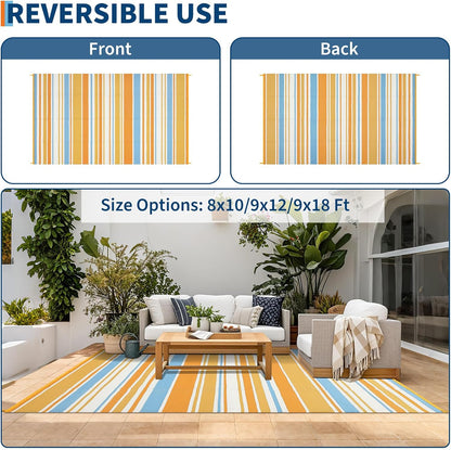 8x10 Large Outdoor Rug Waterproof for Patio Plastic Straw Rug Geometric Stripe Indoor Outdoor Area Rug Modern Lines Camping Rugs for RV Porch Deck Backyard Balcony, Orange Yellow Blue White