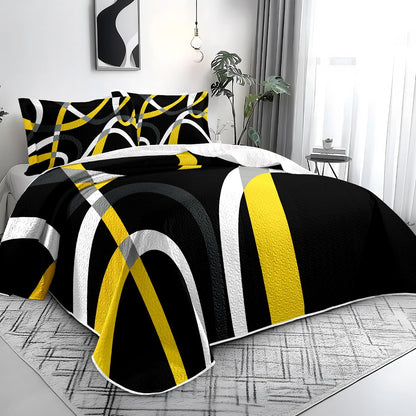 3 Piece Black Yellow Full Queen Quilt Reversible Bedding Set