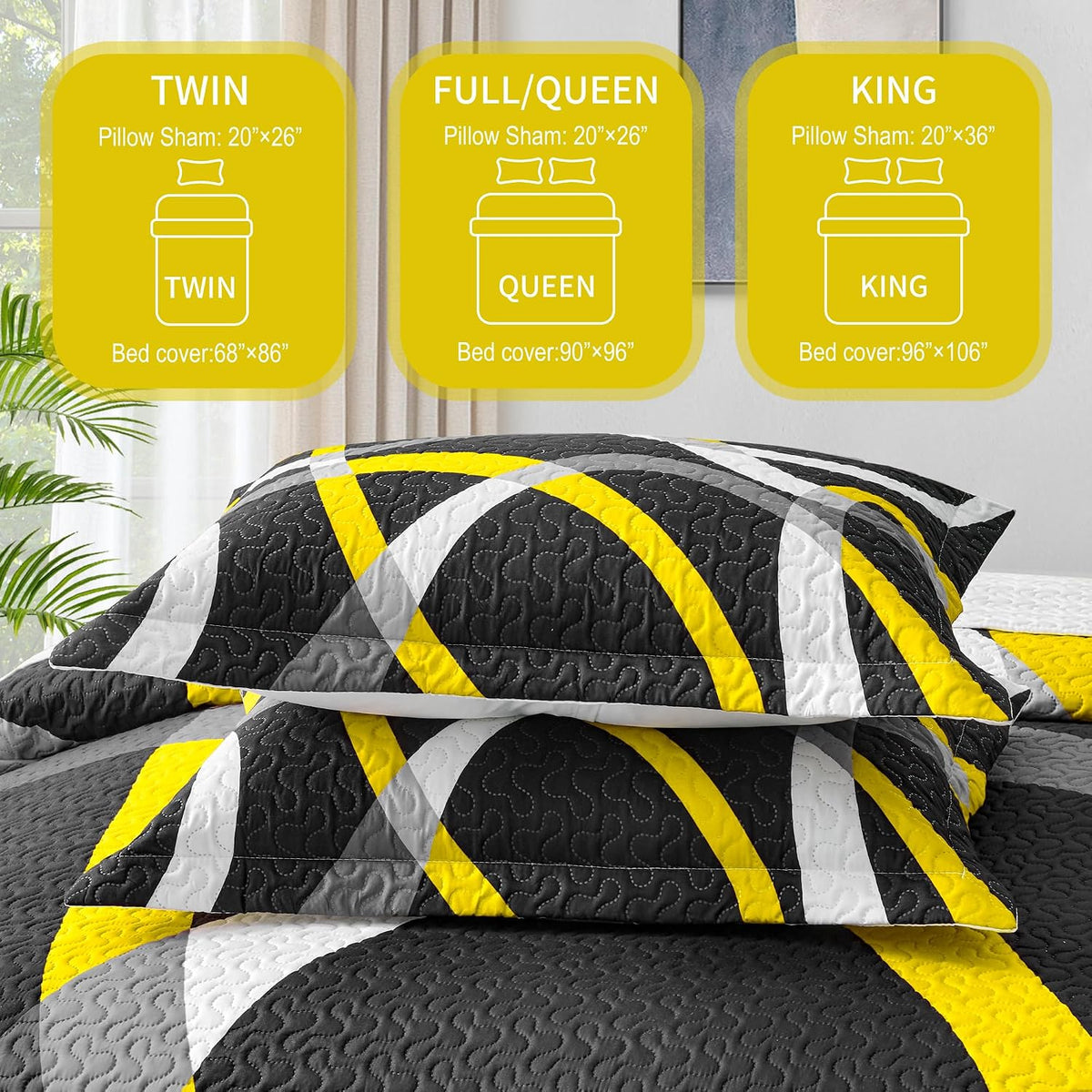 3 Piece Black Yellow Full Queen Quilt Reversible Bedding Set