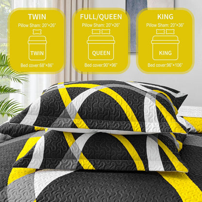 3 Piece Black Yellow Full Queen Quilt Reversible Bedding Set