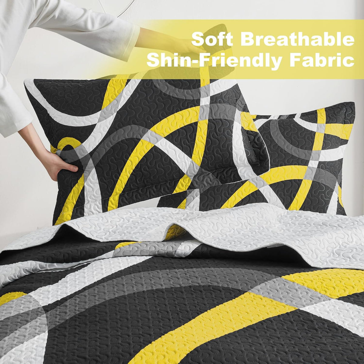 3 Piece Black Yellow Full Queen Quilt Reversible Bedding Set