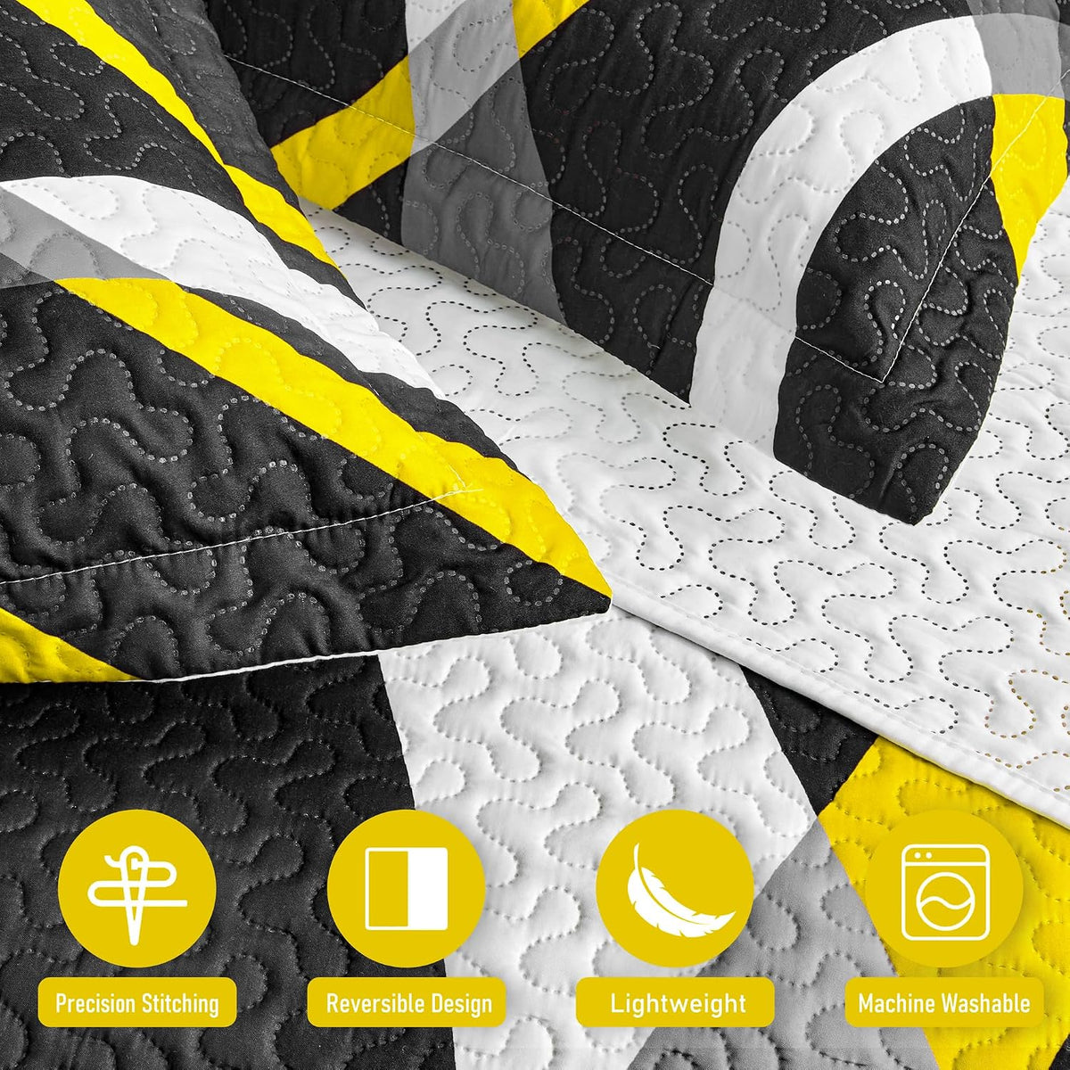 3 Piece Black Yellow Full Queen Quilt Reversible Bedding Set