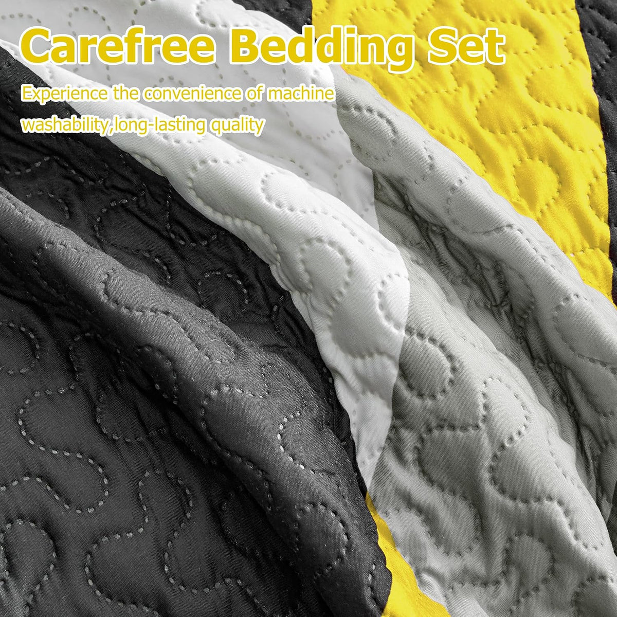 3 Piece Black Yellow Full Queen Quilt Reversible Bedding Set