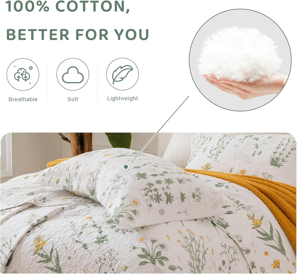 Sanracie Cotton Euro Pillow Shams (26"x26"), Embroidery Pattern Pillow Cases Extra Soft Breathable Zipper Closure Quilted Pillow Covers, Yellow Flowers, 2 Pcs