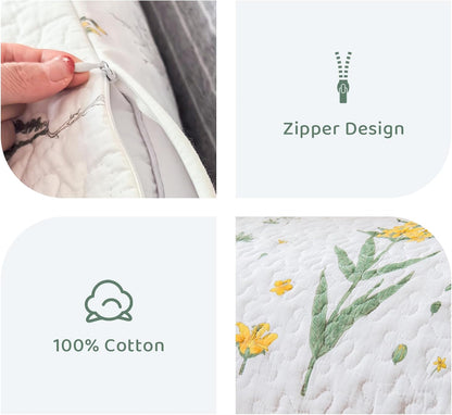 Sanracie Cotton Euro Pillow Shams (26"x26"), Embroidery Pattern Pillow Cases Extra Soft Breathable Zipper Closure Quilted Pillow Covers, Yellow Flowers, 2 Pcs