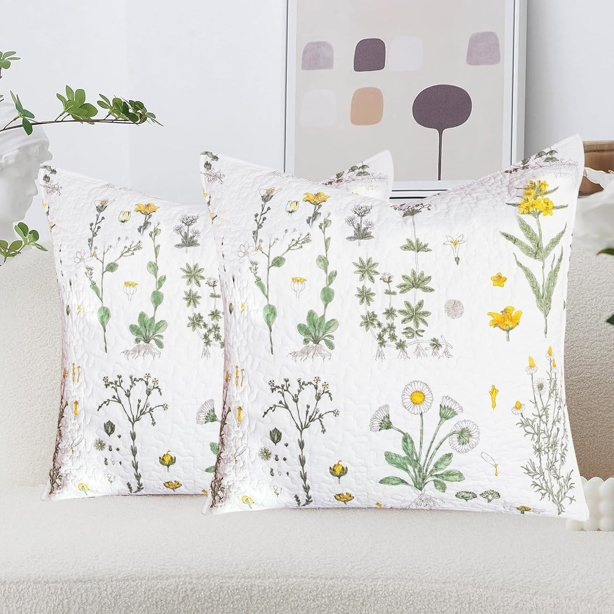 Sanracie Cotton Euro Pillow Shams (26"x26"), Embroidery Pattern Pillow Cases Extra Soft Breathable Zipper Closure Quilted Pillow Covers, Yellow Flowers, 2 Pcs