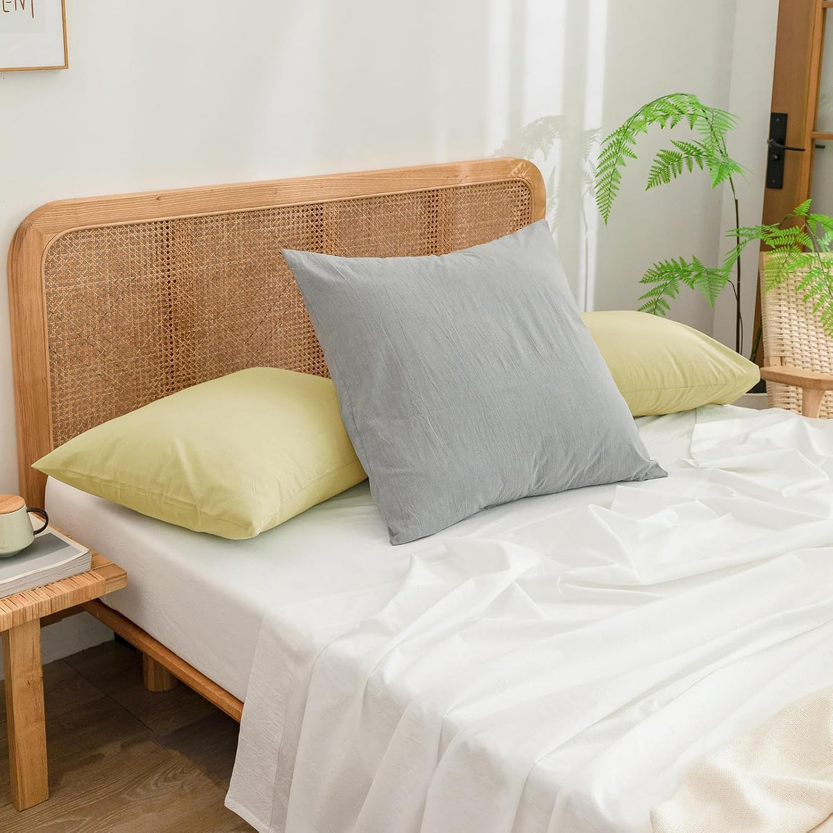 Washed Cotton Pillowcases Linen Feel Light Yellow Standard