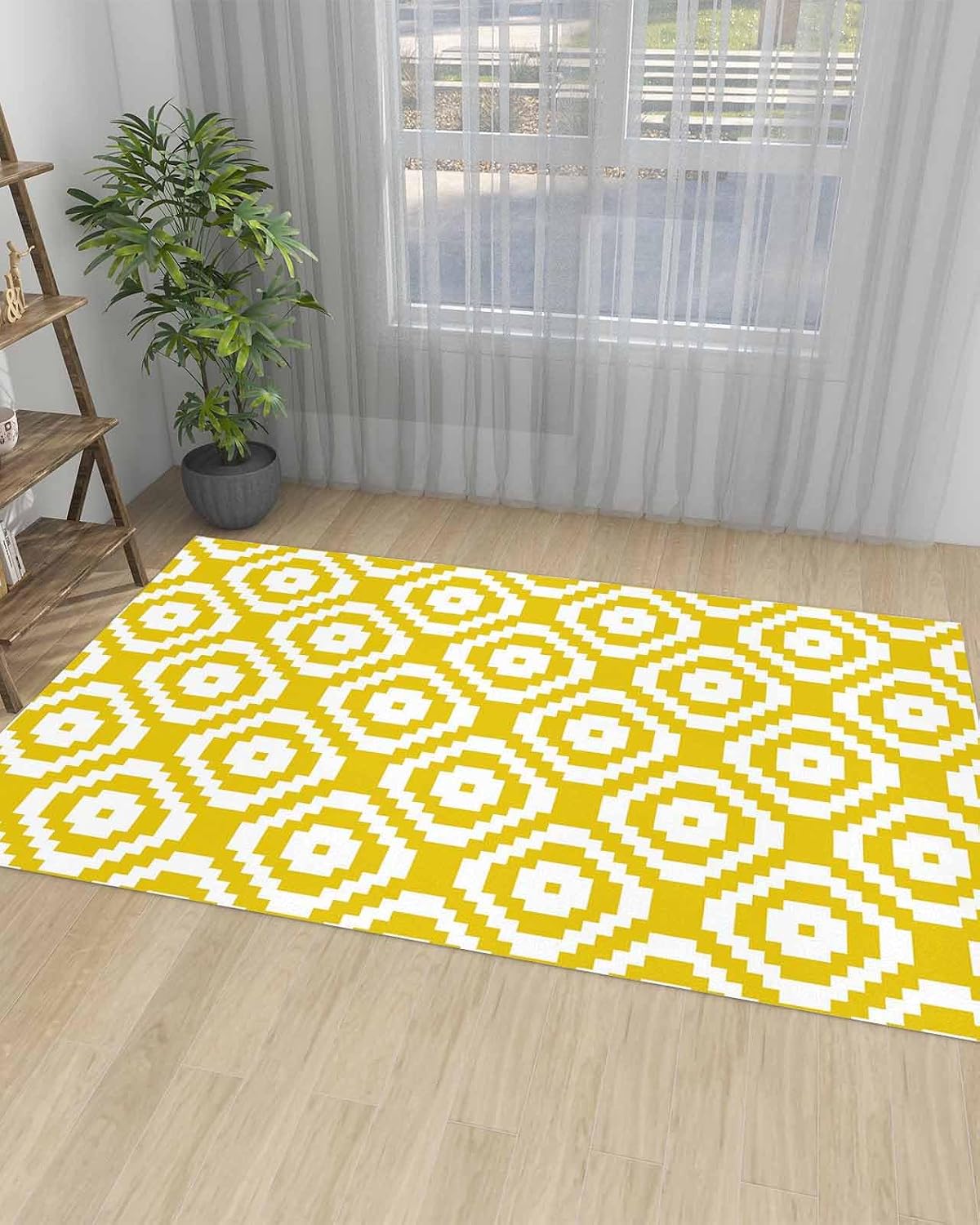 Modern Abstract Square Yellow White Area Rug, Living Room & Bedroom Decor, Geometric Texture Plush Carpet 32x60in