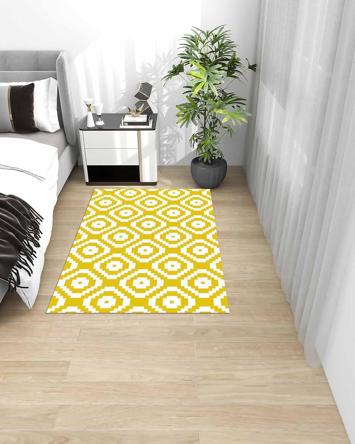 Modern Abstract Square Yellow White Area Rug, Living Room & Bedroom Decor, Geometric Texture Plush Carpet 32x60in