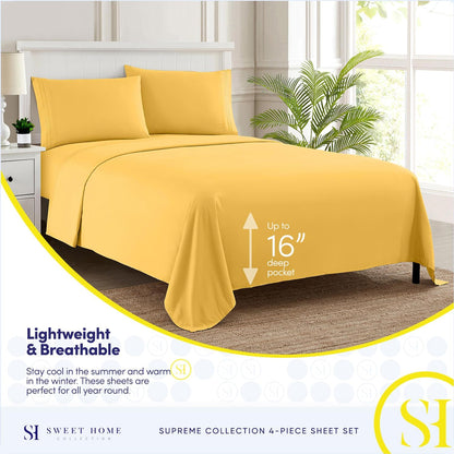 Queen Size Bed Sheets - Breathable Luxury Sheets with Full Elastic & Secure Corner Straps Built In - 1800 Supreme Collection Extra Soft Deep Pocket Bedding Set, Sheet Set, Queen,Yellow