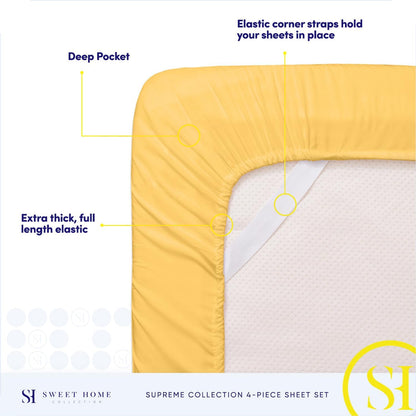 Queen Size Bed Sheets - Breathable Luxury Sheets with Full Elastic & Secure Corner Straps Built In - 1800 Supreme Collection Extra Soft Deep Pocket Bedding Set, Sheet Set, Queen,Yellow