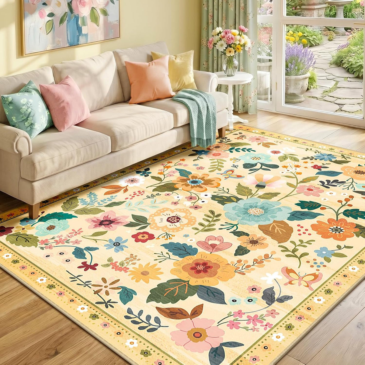 Floral 6x9 Area Rugs Washable Print Boho Cute Carpet Non Slip Flower Low Pile for Living Room Bedroom Kitchen Office Farmhouse-Ivory/Yellow