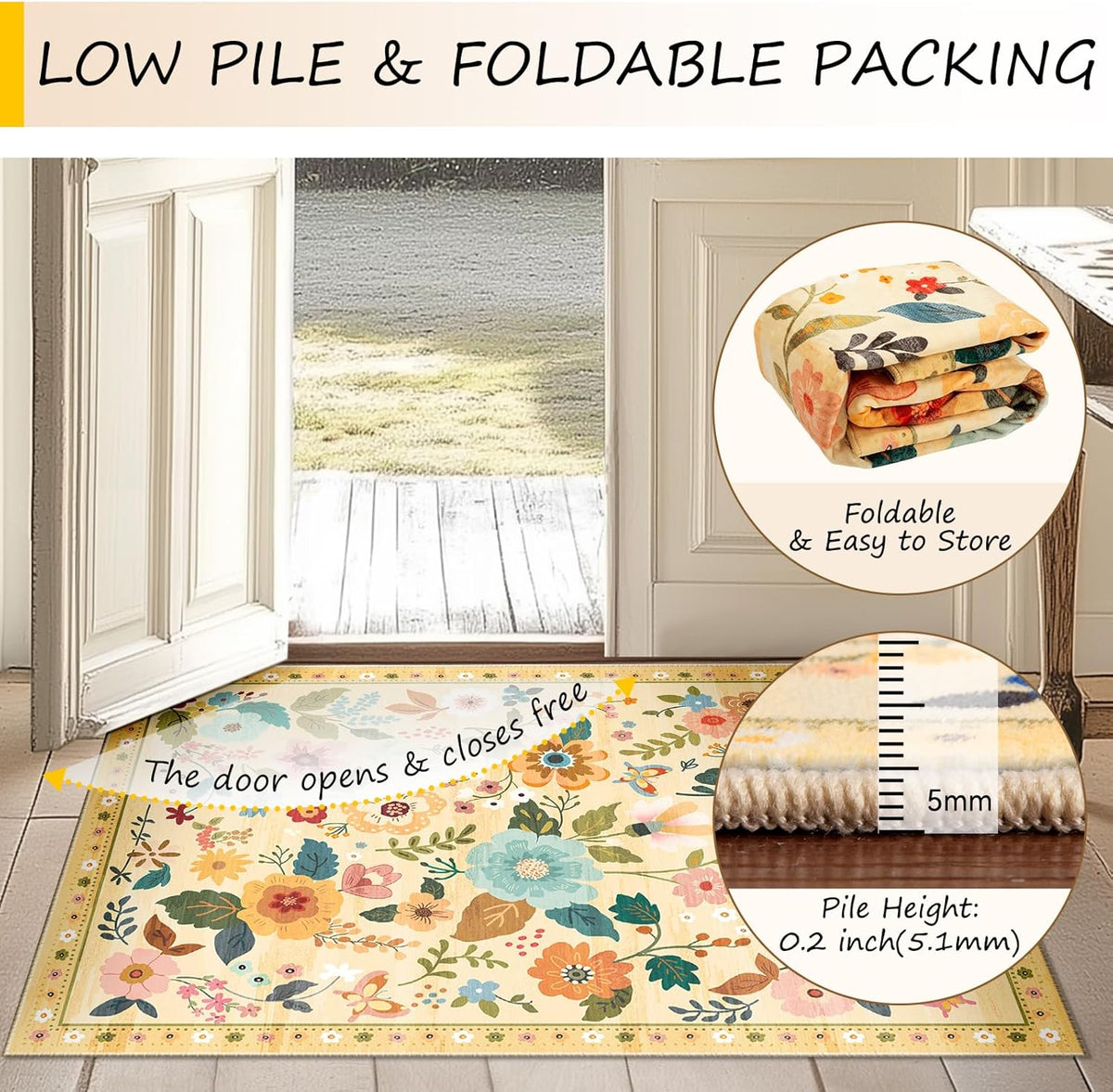 Floral 6x9 Area Rugs Washable Print Boho Cute Carpet Non Slip Flower Low Pile for Living Room Bedroom Kitchen Office Farmhouse-Ivory/Yellow