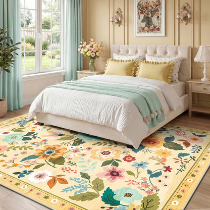 Floral 6x9 Area Rugs Washable Print Boho Cute Carpet Non Slip Flower Low Pile for Living Room Bedroom Kitchen Office Farmhouse-Ivory/Yellow