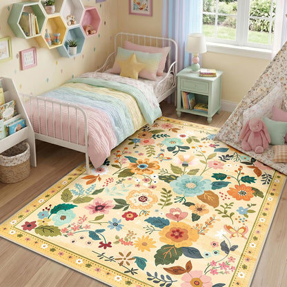 Floral 6x9 Area Rugs Washable Print Boho Cute Carpet Non Slip Flower Low Pile for Living Room Bedroom Kitchen Office Farmhouse-Ivory/Yellow