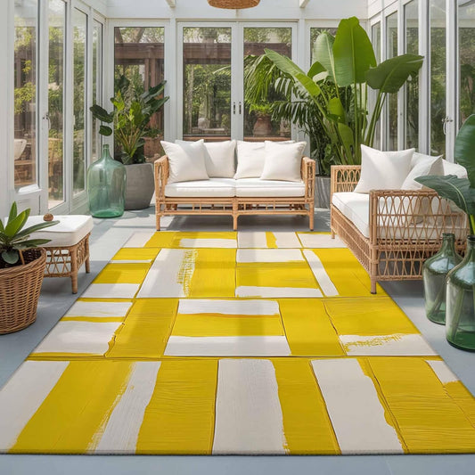 8x10 Abstract Art Area Rug for Spacious Living Room, Washable Low Pile Non Slip Rug Modernism Yellow Color Block