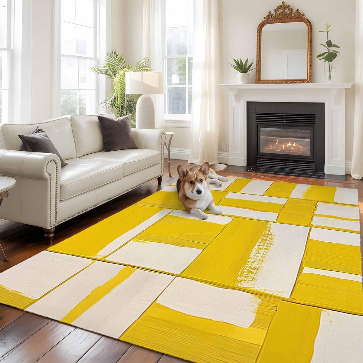 8x10 Abstract Art Area Rug for Spacious Living Room, Washable Low Pile Non Slip Rug Modernism Yellow Color Block