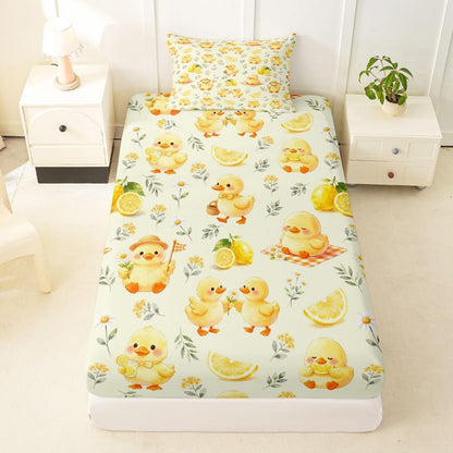 Kawaii Yellow Duck Bedding Set Twin Cute Cartoon Rubber Duck Fitted Sheet Rustic Daisy Floral Bed Sheets for Kids Boys Girls,Summer Fruit Lemon Bed Cover 2 Pcs
