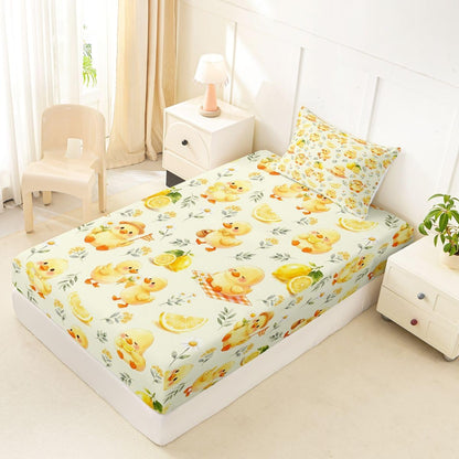 Kawaii Yellow Duck Bedding Set Twin Cute Cartoon Rubber Duck Fitted Sheet Rustic Daisy Floral Bed Sheets for Kids Boys Girls,Summer Fruit Lemon Bed Cover 2 Pcs