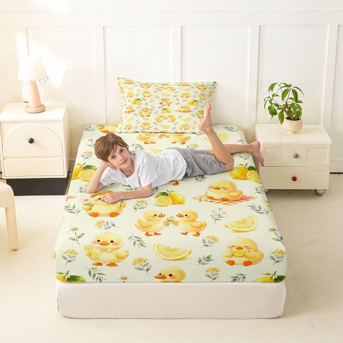 Kawaii Yellow Duck Bedding Set Twin Cute Cartoon Rubber Duck Fitted Sheet Rustic Daisy Floral Bed Sheets for Kids Boys Girls,Summer Fruit Lemon Bed Cover 2 Pcs