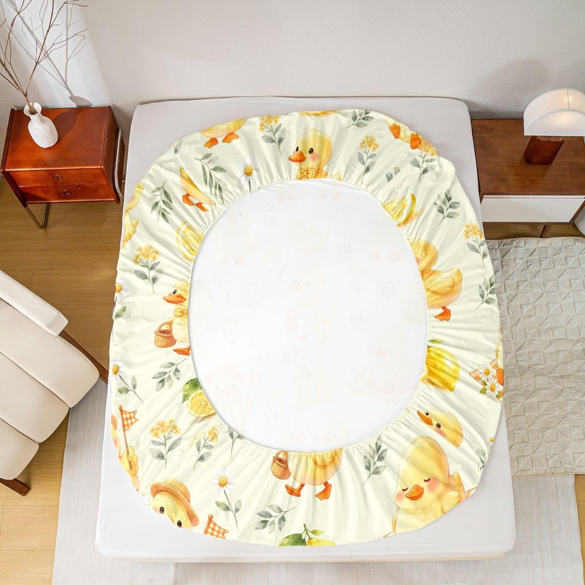 Kawaii Yellow Duck Bedding Set Twin Cute Cartoon Rubber Duck Fitted Sheet Rustic Daisy Floral Bed Sheets for Kids Boys Girls,Summer Fruit Lemon Bed Cover 2 Pcs