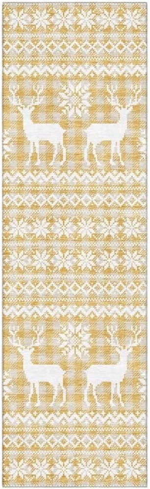 Holiday Festive Theme Soft Plush Thick Pile Christmas Area Rug Runner 2'3" x 7'6" | Winter Cheer Xmas Playful Deer Snowflakes Plaid Patterns Gold Yellow White Color | Washable Nonslip Indoor Outdoor