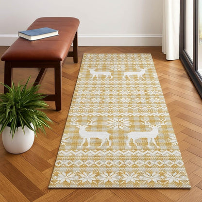 Holiday Festive Theme Soft Plush Thick Pile Christmas Area Rug Runner 2'3" x 7'6" | Winter Cheer Xmas Playful Deer Snowflakes Plaid Patterns Gold Yellow White Color | Washable Nonslip Indoor Outdoor