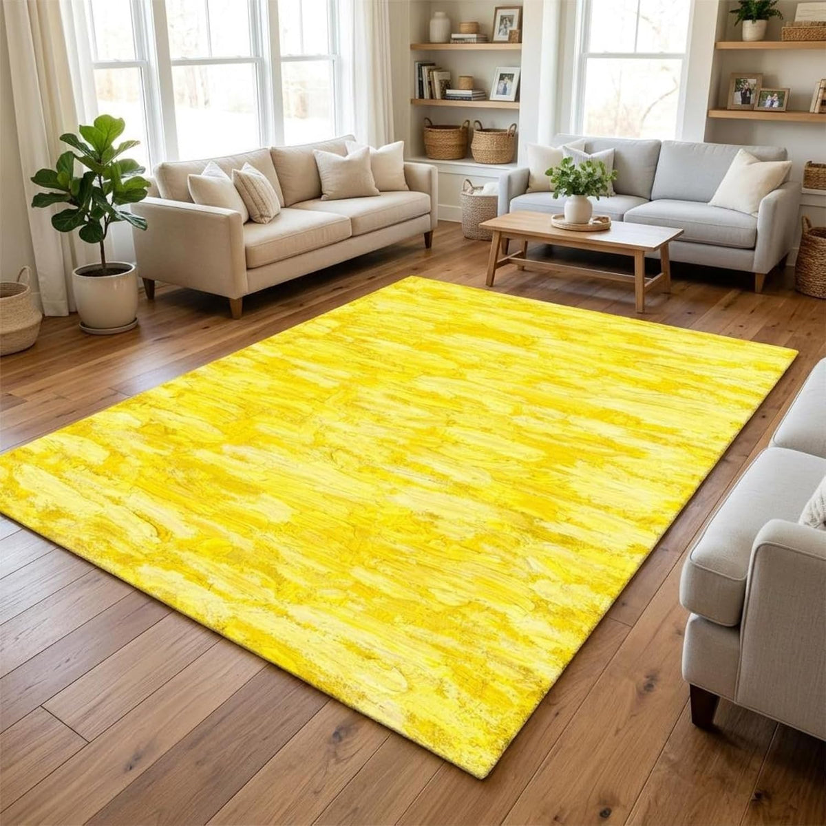 Minimalist Abstract Oil Painting Texture Livingroom Rugs 4x6 Modern Bright Yellow Art Deco Aesthetic Area Rug for Bedroom Dining Room Soft Washable Non Skid Big Carpet Thin Entryway Floor Mats