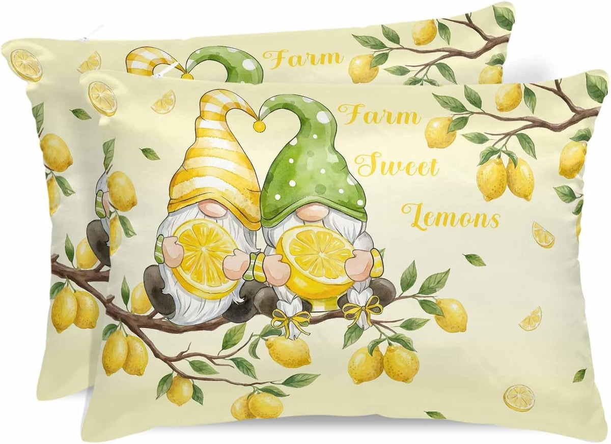 Satin Pillowcases Standard Size, Lemon Gnomes Silk Pillow Cases for Hair and Skin with Zipper 2 Pack, Summer Tropical Fruits Lemon Yellow Smooth Throw Pillow Covers for Sleeping, 20"x26"