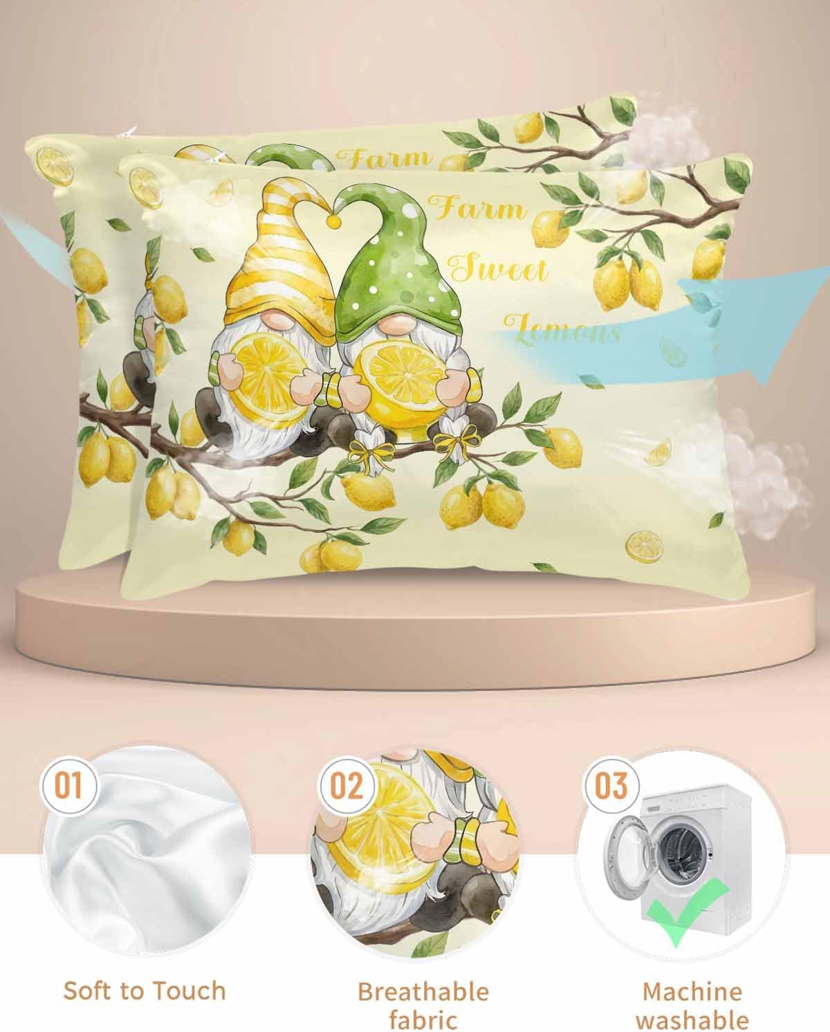 Satin Pillowcases Standard Size, Lemon Gnomes Silk Pillow Cases for Hair and Skin with Zipper 2 Pack, Summer Tropical Fruits Lemon Yellow Smooth Throw Pillow Covers for Sleeping, 20"x26"