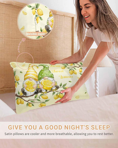 Satin Pillowcases Standard Size, Lemon Gnomes Silk Pillow Cases for Hair and Skin with Zipper 2 Pack, Summer Tropical Fruits Lemon Yellow Smooth Throw Pillow Covers for Sleeping, 20"x26"