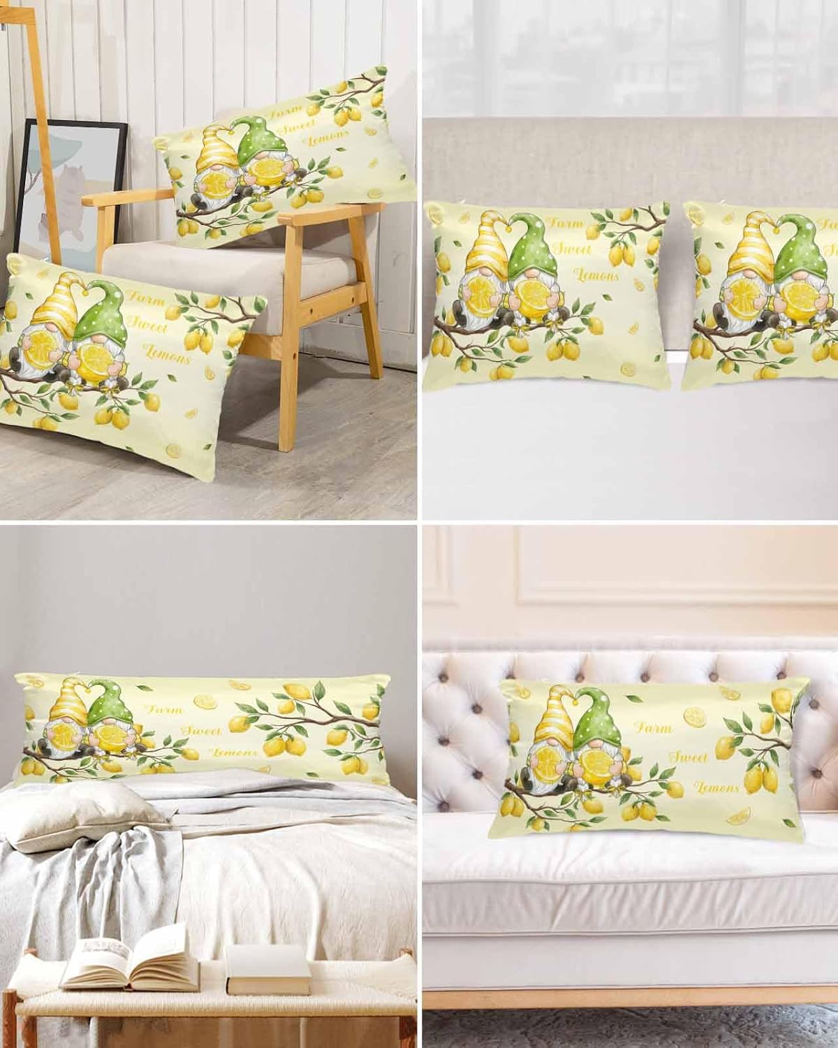 Satin Pillowcases Standard Size, Lemon Gnomes Silk Pillow Cases for Hair and Skin with Zipper 2 Pack, Summer Tropical Fruits Lemon Yellow Smooth Throw Pillow Covers for Sleeping, 20"x26"