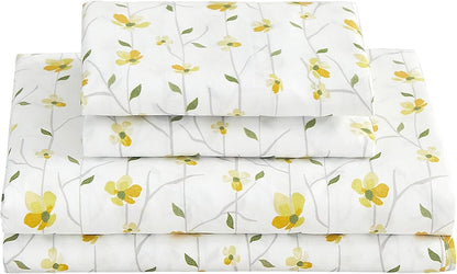 Yellow Floral Bed Sheets Full Flower Printed Sheets - Patterned Microfiber Fitted Sheets Full with 15" Deep Pocket & Non-Slip Straps, Cute Flower Sheets & Pillowcase Set