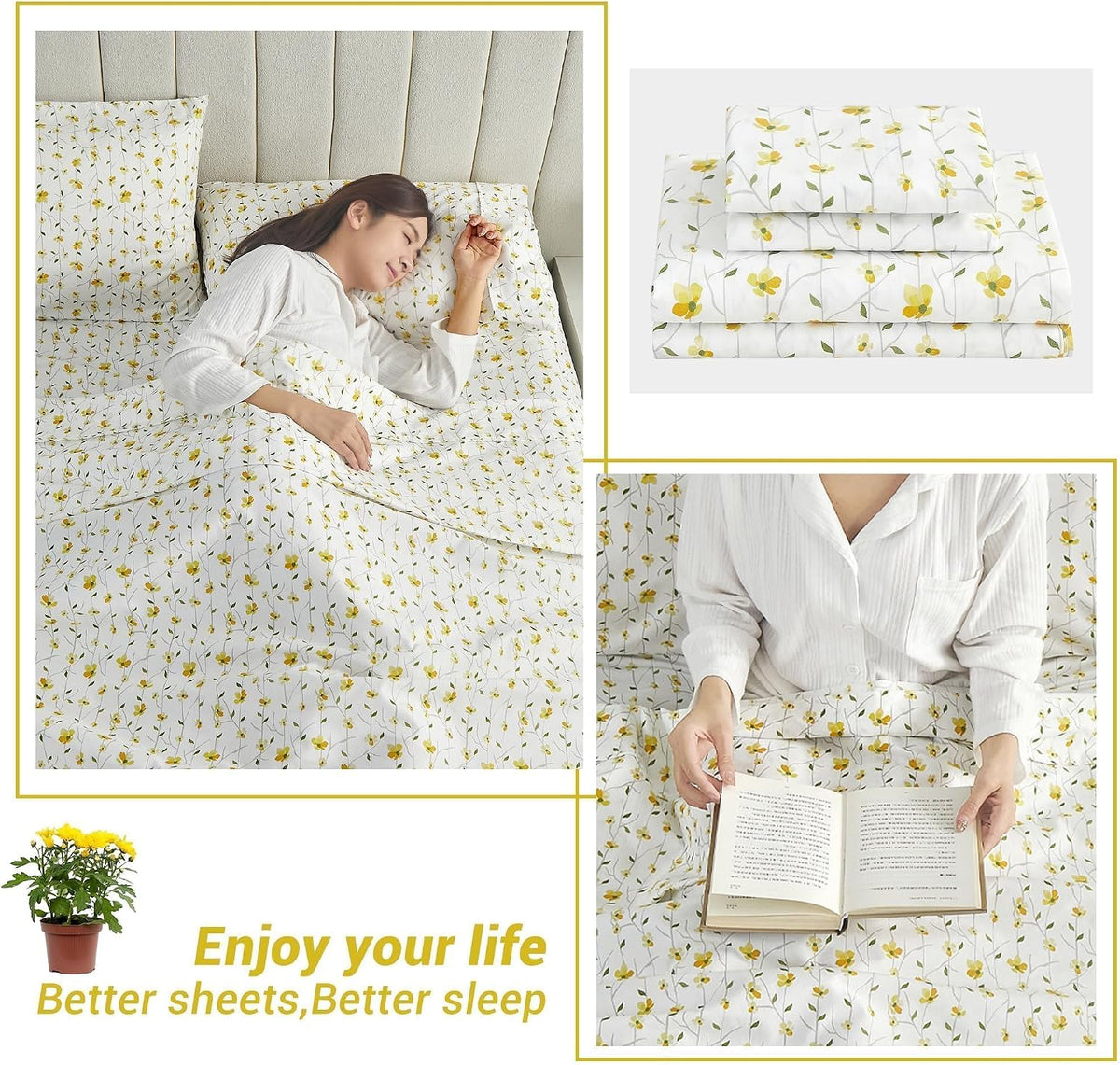 Yellow Floral Bed Sheets Full Flower Printed Sheets - Patterned Microfiber Fitted Sheets Full with 15" Deep Pocket & Non-Slip Straps, Cute Flower Sheets & Pillowcase Set