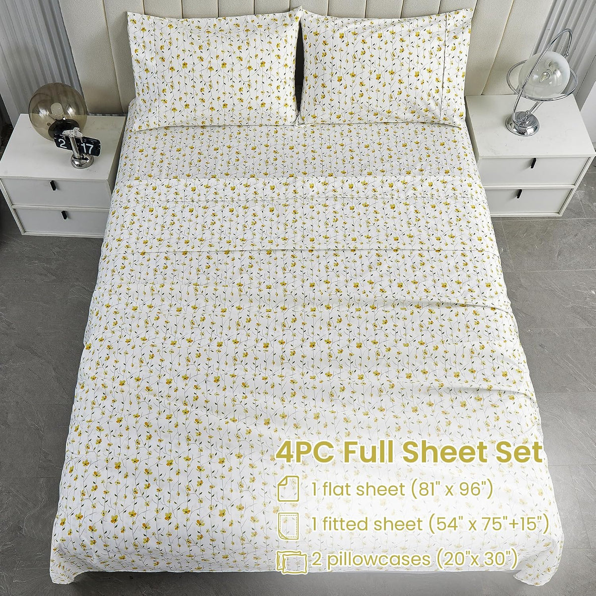 Yellow Floral Bed Sheets Full Flower Printed Sheets - Patterned Microfiber Fitted Sheets Full with 15" Deep Pocket & Non-Slip Straps, Cute Flower Sheets & Pillowcase Set