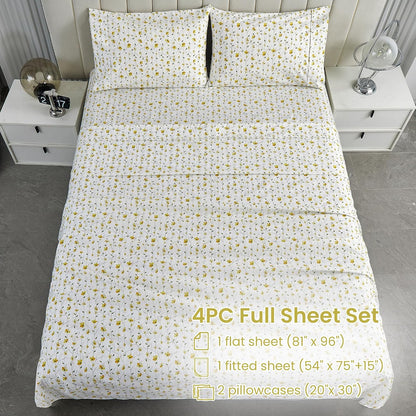Yellow Floral Bed Sheets Full Flower Printed Sheets - Patterned Microfiber Fitted Sheets Full with 15" Deep Pocket & Non-Slip Straps, Cute Flower Sheets & Pillowcase Set