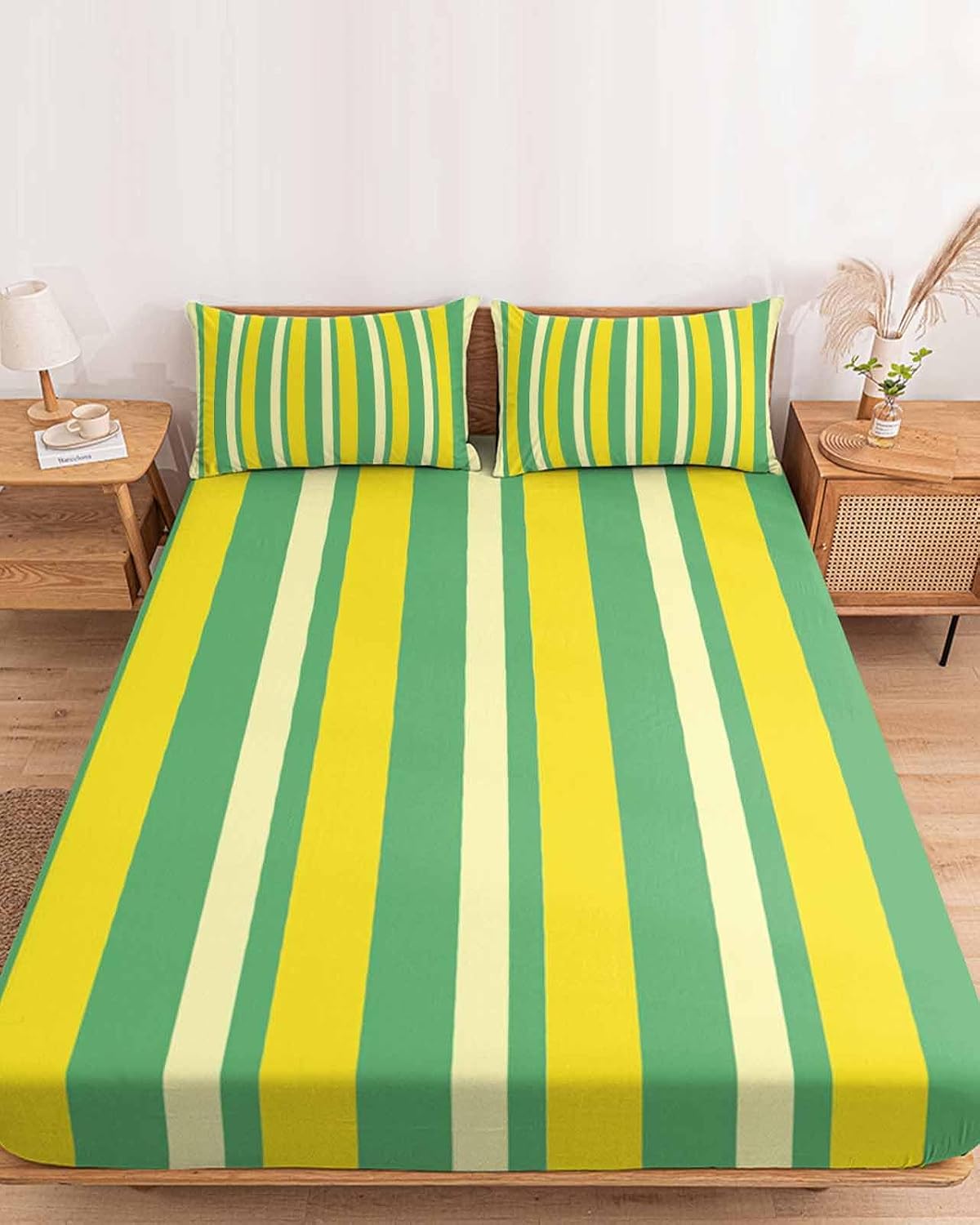 Twin Sze Fitted Sheet Set - Lemon Green Yellow 2 Piece Bedding Sets 16" Deep Pocket Fitted Sheet with 1 Pillowcase, Summer Modern Farmhouse Striped Brushed Microfiber Hotel Luxury Bed Sheets