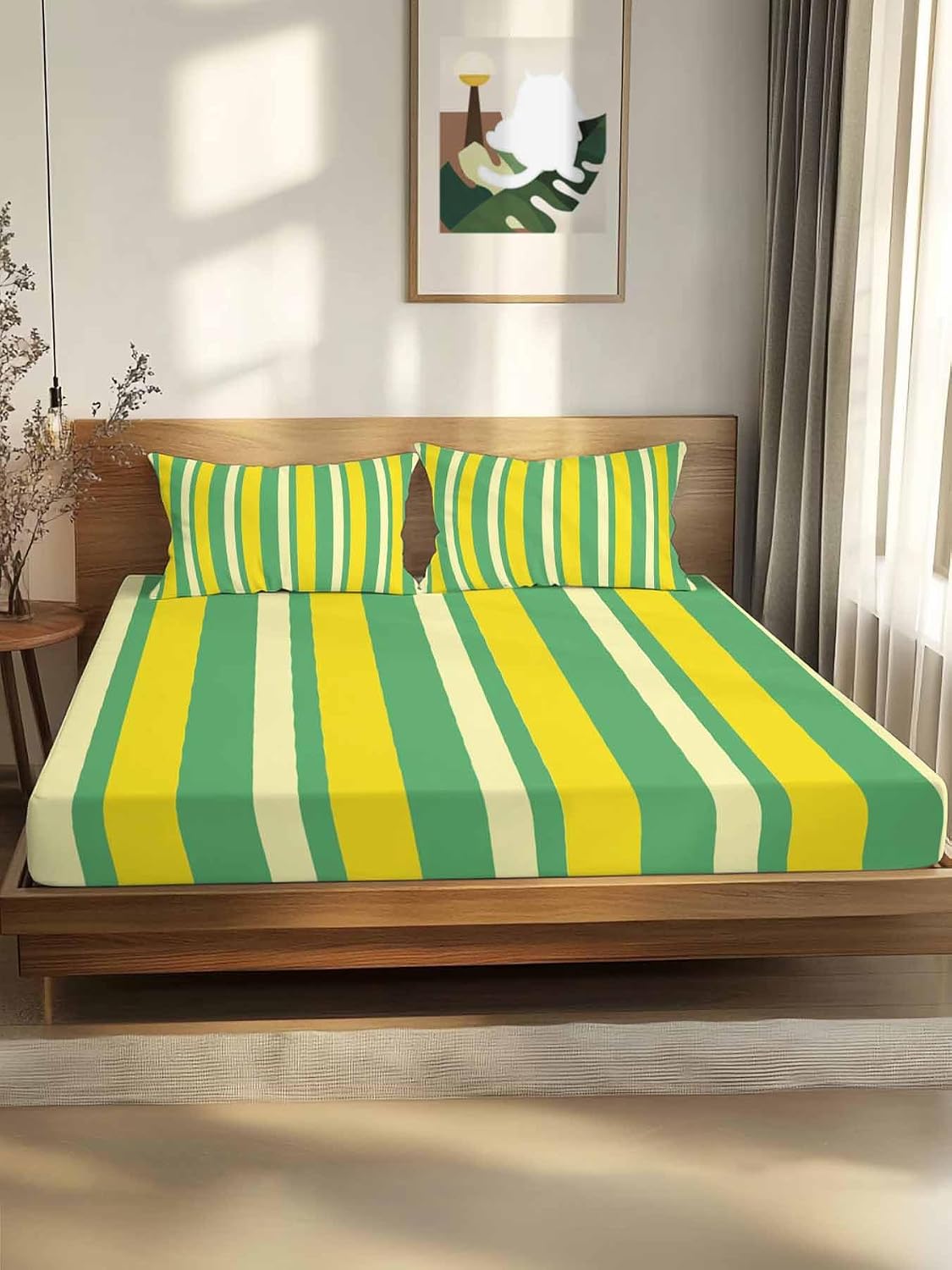 Twin Sze Fitted Sheet Set - Lemon Green Yellow 2 Piece Bedding Sets 16" Deep Pocket Fitted Sheet with 1 Pillowcase, Summer Modern Farmhouse Striped Brushed Microfiber Hotel Luxury Bed Sheets