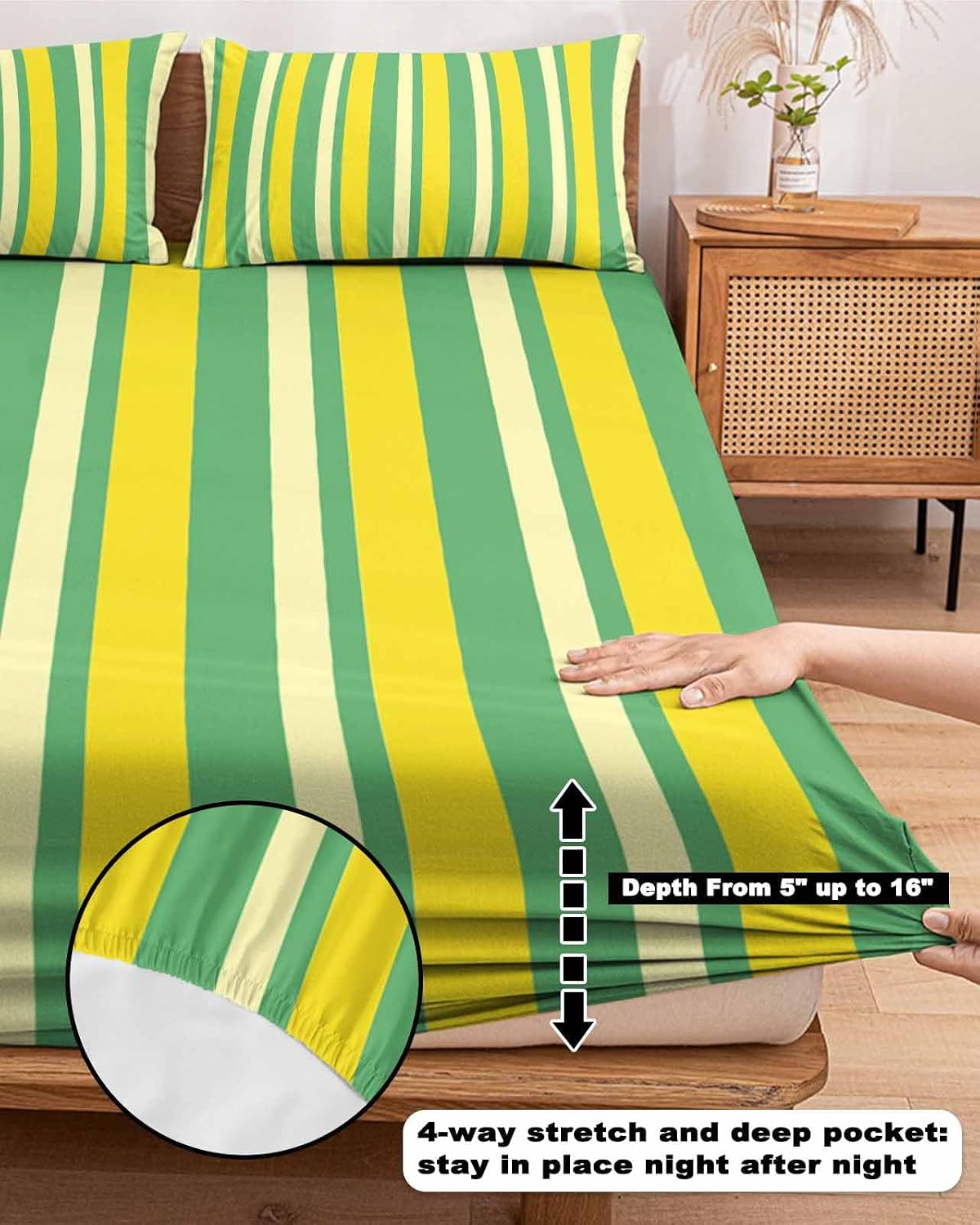 Twin Sze Fitted Sheet Set - Lemon Green Yellow 2 Piece Bedding Sets 16" Deep Pocket Fitted Sheet with 1 Pillowcase, Summer Modern Farmhouse Striped Brushed Microfiber Hotel Luxury Bed Sheets
