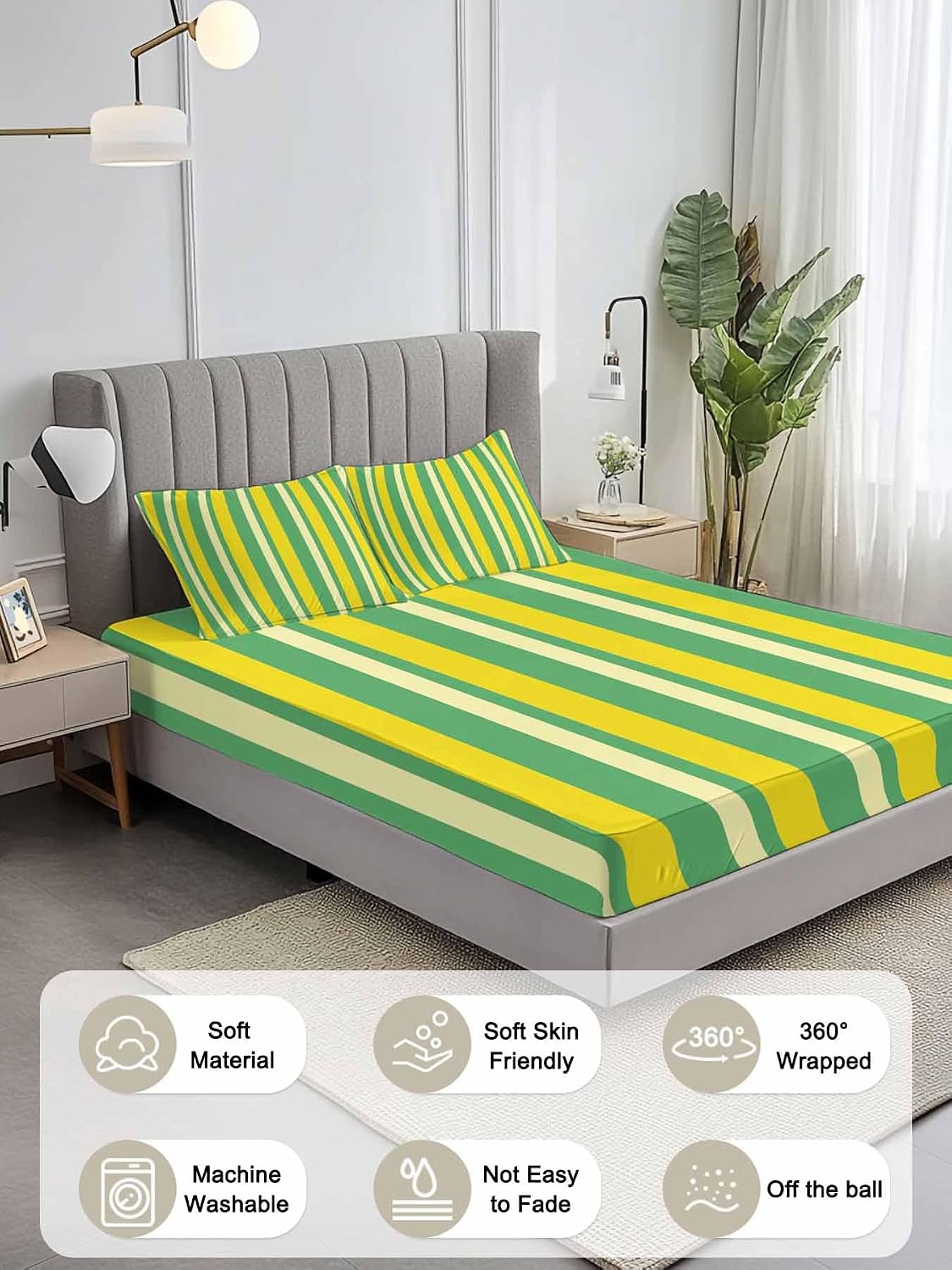 Twin Sze Fitted Sheet Set - Lemon Green Yellow 2 Piece Bedding Sets 16" Deep Pocket Fitted Sheet with 1 Pillowcase, Summer Modern Farmhouse Striped Brushed Microfiber Hotel Luxury Bed Sheets
