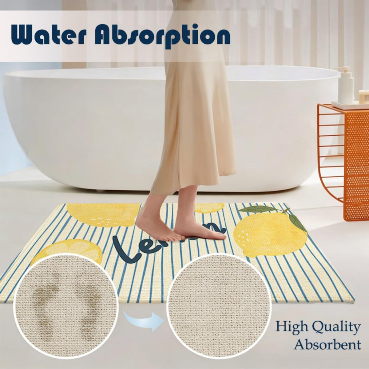 Chicimln Summer Yellow Lemon Door Mat, Lemon Citrus Fruit Non-Slip Linen Doormat Outdoor Indoor Entrance, Blue Striped Coastal Welcome Mats Rugs for Entryway Front Door Porch, 17x30 Inch
