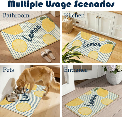 Chicimln Summer Yellow Lemon Door Mat, Lemon Citrus Fruit Non-Slip Linen Doormat Outdoor Indoor Entrance, Blue Striped Coastal Welcome Mats Rugs for Entryway Front Door Porch, 17x30 Inch
