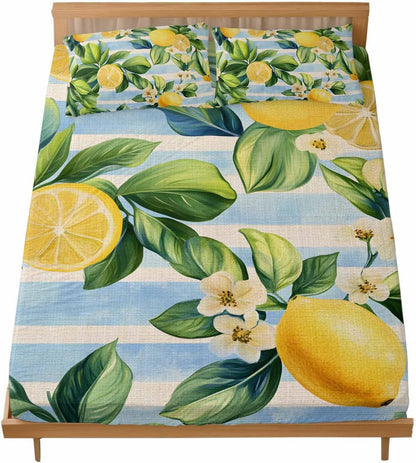 Twin Fitted Sheet and Pillowcase Set, Yellow Lemon Soft Bed Fitted Sheets - Deep Pocket Fits Mattress Up to 16", Summer Botanical Fruit Blue Striped Bedding Set with 1 Pillow Case
