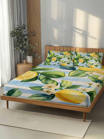 Twin Fitted Sheet and Pillowcase Set, Yellow Lemon Soft Bed Fitted Sheets - Deep Pocket Fits Mattress Up to 16", Summer Botanical Fruit Blue Striped Bedding Set with 1 Pillow Case