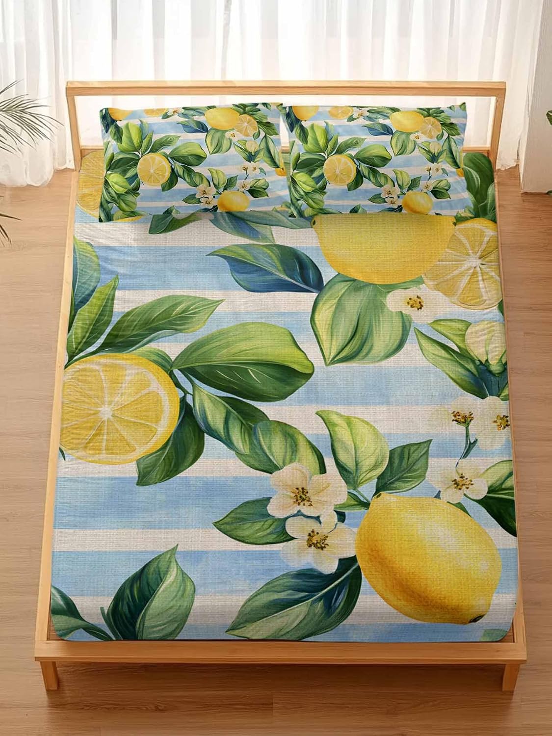 Twin Fitted Sheet and Pillowcase Set, Yellow Lemon Soft Bed Fitted Sheets - Deep Pocket Fits Mattress Up to 16", Summer Botanical Fruit Blue Striped Bedding Set with 1 Pillow Case